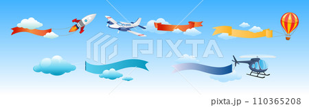 Air Vehicle Flying in Blue Sky with Ribbon Vector Set 110365208