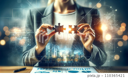 パズルのピースを持つビジネスマン パズルのピースを持つビジネスマン 110365421