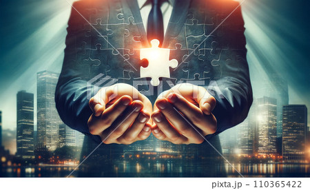 パズルのピースを持つビジネスマン パズルのピースを持つビジネスマン 110365422