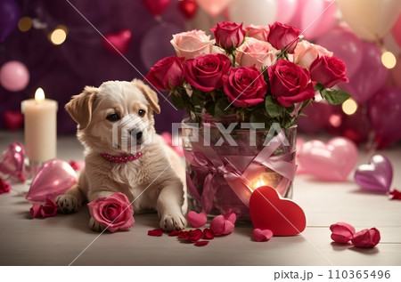 Valentine day. Cute dog puppies inside a straw basket, colorful roses and balloons, hearts, white candle, vivid colorful background Valentine day. Cute dog puppies inside a straw basket, colorful roses and balloons, hearts, white candle, vivid colorful background 110365496
