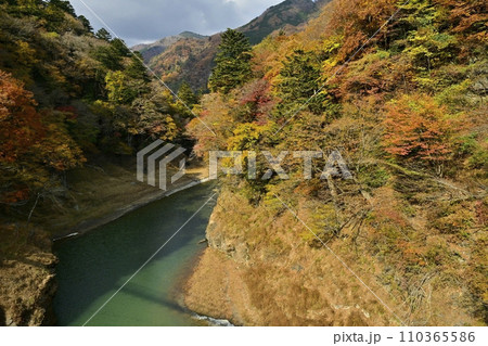 紅葉の塩原渓谷に箒川（塩原ダム湖） 110365586