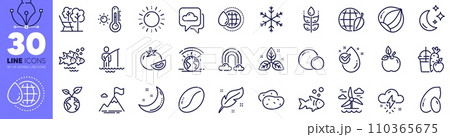 Mountain flag, Peas and Juice line icons pack. Potato, Eco food, Moon web icon. Environment day, Windmill, Weather thermometer pictogram. Fish, Moon stars, Sun energy. World water. Vector Mountain flag, Peas and Juice line icons pack. Potato, Eco food, Moon web icon. Environment day, Windmill, Weather thermometer pictogram. Fish, Moon stars, Sun energy. World water. Vector 110365675