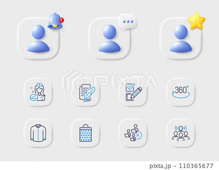 Checkbox, Team work and Feather signature line icons. Placeholder with 3d star, reminder bell, chat. Pack of Remove team, Shirt, Shopping bag icon. Full rotation, Nurse pictogram. Vector Checkbox, Team work and Feather signature line icons. Placeholder with 3d star, reminder bell, chat. Pack of Remove team, Shirt, Shopping bag icon. Full rotation, Nurse pictogram. Vector 110365677