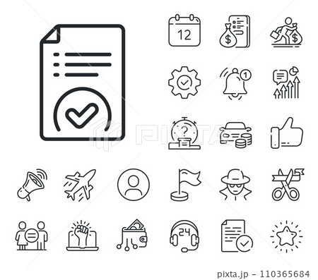 Accepted file sign. Salaryman, gender equality and alert bell outline icons. Approved document line icon. Verification symbol. Approved document line sign. Spy or profile placeholder icon. Vector 110365684