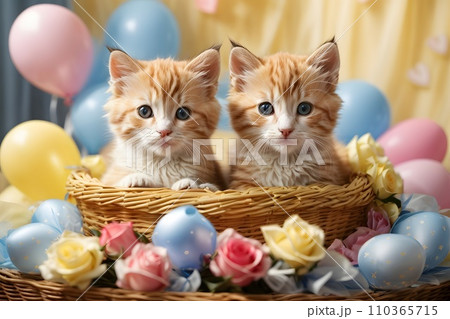 Valentine day. Cute kitten puppies inside a straw basket, colorful roses and balloons, hearts, white candle, vivid colorful background Valentine day. Cute kitten puppies inside a straw basket, colorful roses and balloons, hearts, white candle, vivid colorful background 110365715