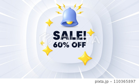 Sale 60 percent off discount. Neumorphic banner with sunburst. Promotion price offer sign. Retail badge symbol. Sale message. Banner with 3d bell. Circular neumorphic template. Vector 110365897