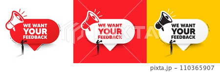 We want your feedback tag. Speech bubble with megaphone and woman silhouette. Survey or customer opinion sign. Client comment. Your feedback chat speech message. Woman with megaphone. Vector 110365907