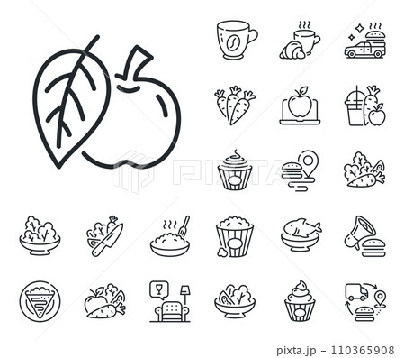 Fresh fruit sign. Crepe, sweet popcorn and salad outline icons. Apple line icon. Natural food symbol. Apple line sign. Pasta spaghetti, fresh juice icon. Supply chain. Vector Fresh fruit sign. Crepe, sweet popcorn and salad outline icons. Apple line icon. Natural food symbol. Apple line sign. Pasta spaghetti, fresh juice icon. Supply chain. Vector 110365908