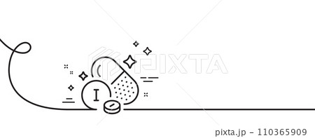 Iodine mineral line icon. Continuous one line with curl. Chemical element I sign. Capsule or pill symbol. Iodine mineral single outline ribbon. Loop curve pattern. Vector 110365909