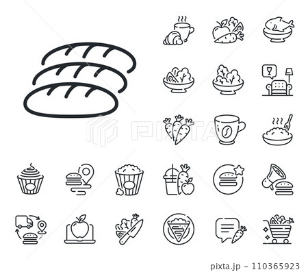 Bakery food sign. Crepe, sweet popcorn and salad outline icons. Bread line icon. Pastry baguette symbol. Bread line sign. Pasta spaghetti, fresh juice icon. Supply chain. Vector 110365923
