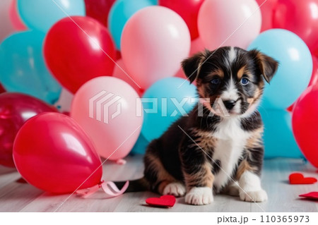 A background for valentines day banner with cute puppies surrounded with colorful balloons and hearts. 110365973