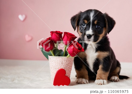 A background for valentines day banner with cute puppies surrounded with colorful balloons and hearts. 110365975