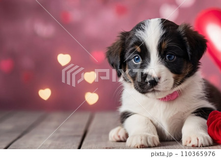A background for valentines day banner with cute puppies surrounded with colorful balloons and hearts. 110365976
