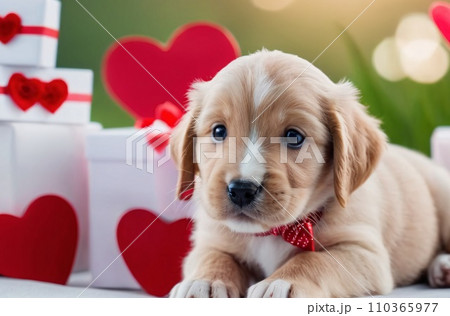 A background for valentines day banner with cute puppies surrounded with colorful balloons and hearts. 110365977