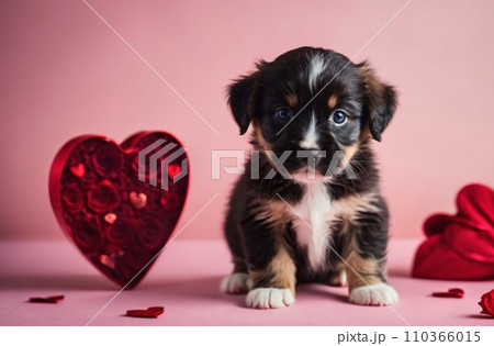 A background for valentines day banner with cute puppies surrounded with colorful balloons and hearts. A background for valentines day banner with cute puppies surrounded with colorful balloons and hearts. 110366015