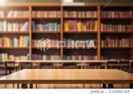 Wooden table and blurred bookshelf in library room, education, back to school 110366168