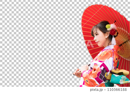 A woman in a kimono holding a Japanese umbrella. Transparent background photo PNG precisely cut out with a clipping path A woman in a kimono holding a Japanese umbrella. Transparent background photo PNG precisely cut out with a clipping path 110366188