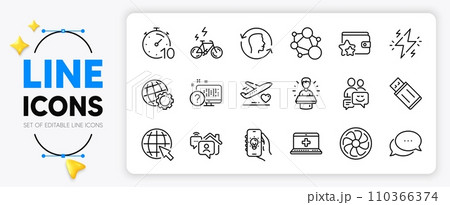 Face id, Brand ambassador and E-bike line icons set for app include Online quiz, Electric app, Communication outline thin icon. Internet, Power, Usb flash pictogram icon. Work home. Vector 110366374