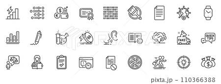 Icons pack as Project deadline, Certificate and Fake news line icons for app include Currency rate, Chemistry lab, Ð¡ompetition outline thin icon web set. Check investment, Signature. Vector 110366388