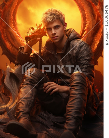AI-generated content. Male fairy tale character riding a dangerous dragon. AI 110366476