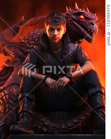 AI-generated content. Male fairy tale character riding a dangerous dragon. AI 110366479