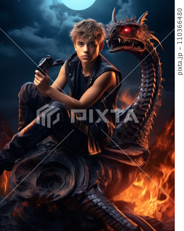 AI-generated content. Male fairy tale character riding a dangerous dragon. AI 110366480