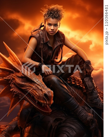 AI-generated content. Male fairy tale character riding a dangerous dragon. AI 110366481