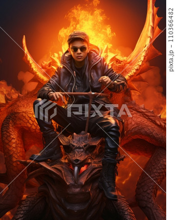 AI-generated content. Male fairy tale character riding a dangerous dragon. AI 110366482