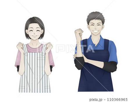 エプロン姿でガッツポーズをする中年の男性と女性 110366965