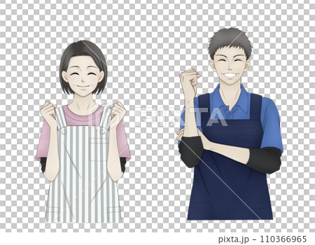 エプロン姿でガッツポーズをする中年の男性と女性 110366965