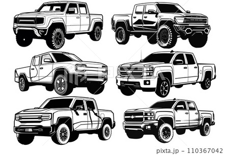 Electric pickup truck silhouette, Pickup truck icon vector silhouette. Electric pickup truck silhouette, Pickup truck icon vector silhouette. 110367042