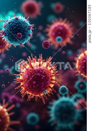 Close-up virus cells like Covid19. Microbiology concept. Disease germ or pathogen organism 110367185