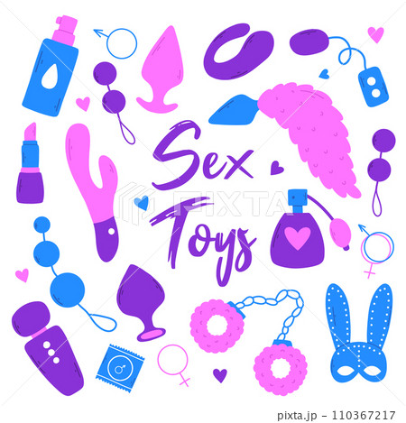 Set of sex toys. Collection of toys for adults. Vector illustration. Flat style. Sex shop set. Erotic elements set. BDSM toys. 110367217