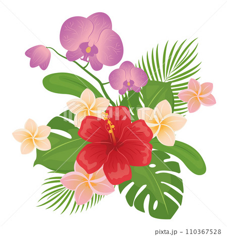 vector bouquet with tropical flowers. Hawaiian style floral arrangement, with beautiful hibiscus, palm, plumeria, monstera, orchid. Vector illustration, vintage style. Editable graphic elements. 110367528