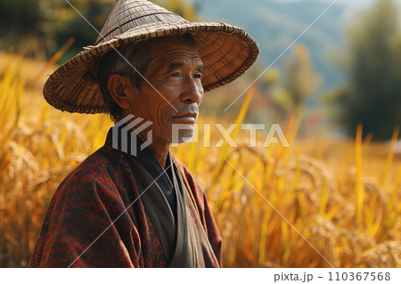 asian rural man in folk clothes against the background of a field asian rural man in folk clothes against the background of a field 110367568