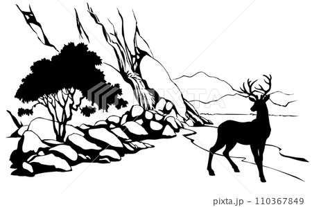 Vector landscape. Deer near a mountain stream Vector landscape. Deer near a mountain stream 110367849
