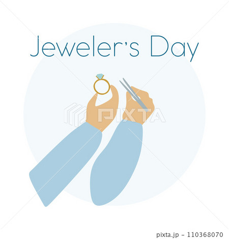 International Jewel day Card with Lettering. Hands holding Tweezers and Diamond ring. Vector illustration isolated on white. Jewelry Making concept, Holiday Banner or social media post with text. 110368070