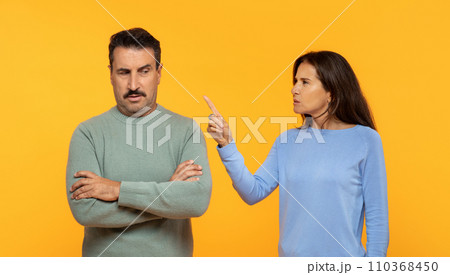 Angry european senior woman appears to be scolding a man who listens with a skeptical expression 110368450
