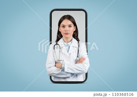 Doctor's portrait in smartphone frame on blue background Doctor's portrait in smartphone frame on blue background 110368516