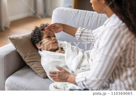 Caring black mother checking her son's forehead while he lying on couch Caring black mother checking her son's forehead while he lying on couch 110369065