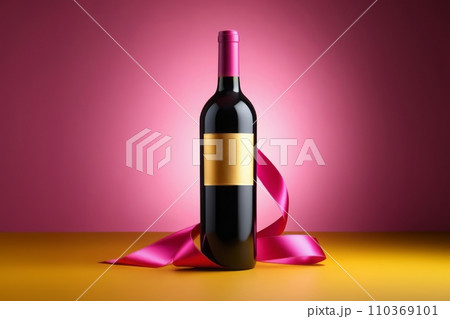 AI-generated content. Generated image of a bottle of wine with a pink ribbon around it, in pink background, full length photo, empty wine label 110369101