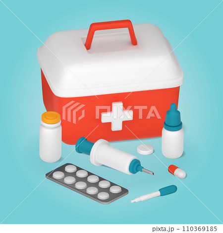 First aid kit and medical equipment, pills, syringe, pipette. 3D vector illustration First aid kit and medical equipment, pills, syringe, pipette. 3D vector illustration 110369185