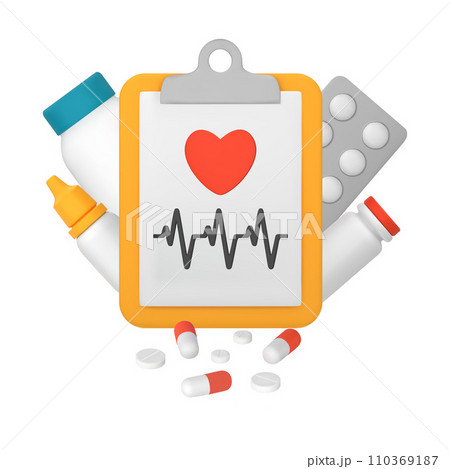 Medical card, clipboard with heart and heartbeat. Medicines, capsules, tablets. Cardiogram results. Medical treatment. 3D vector illustration isolated on a white background Medical card, clipboard with heart and heartbeat. Medicines, capsules, tablets. Cardiogram results. Medical treatment. 3D vector illustration isolated on a white background 110369187
