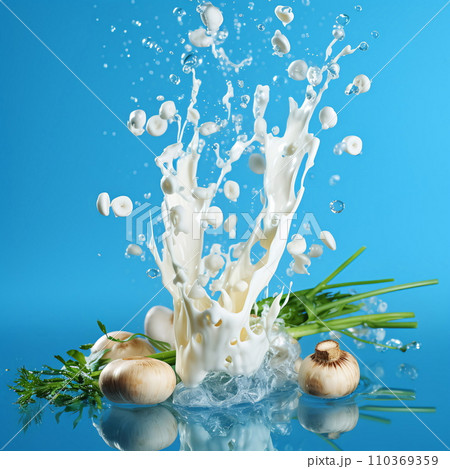 Milk splash with mushrooms on blue background AI Generated 110369359