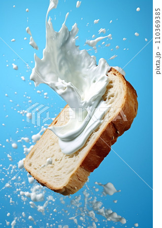 Milk splash on sliced bread against blue background AI Generated 110369385