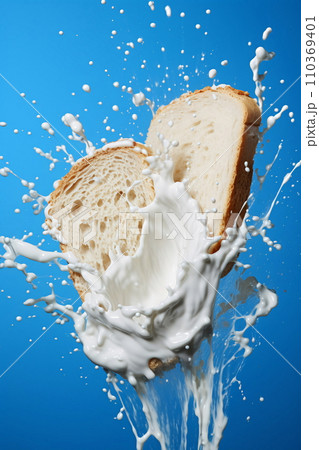 Milk splash on sliced bread against blue background AI Generated 110369401