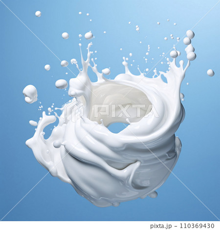 Dynamic splash of milk against blue background, AI Generated 110369430