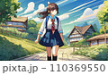 暑い夏の田舎の町を歩く女子高生の正面 110369550