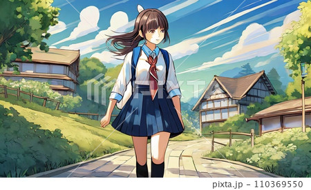 暑い夏の田舎の町を歩く女子高生の正面のイラスト素材 [110369550] - PIXTA