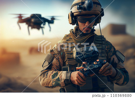 A soldier in a military camouflage uniform holds a kamikaze bomber racing drone 110369880